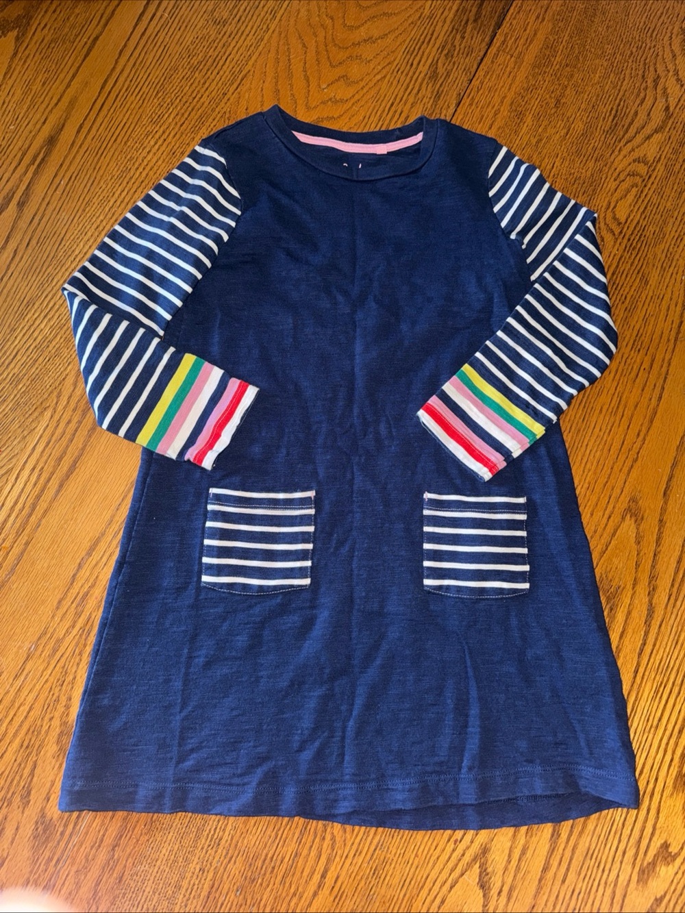 Mini Boden Navy Knit Dress with Striped Sleeves and Rainbow Cuffs
